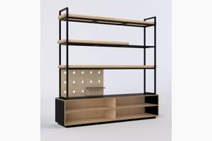 Open storage shelving with steel display shelving
