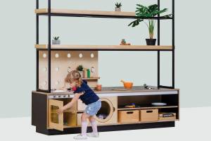 wood and steel roll play Hub with open shelving